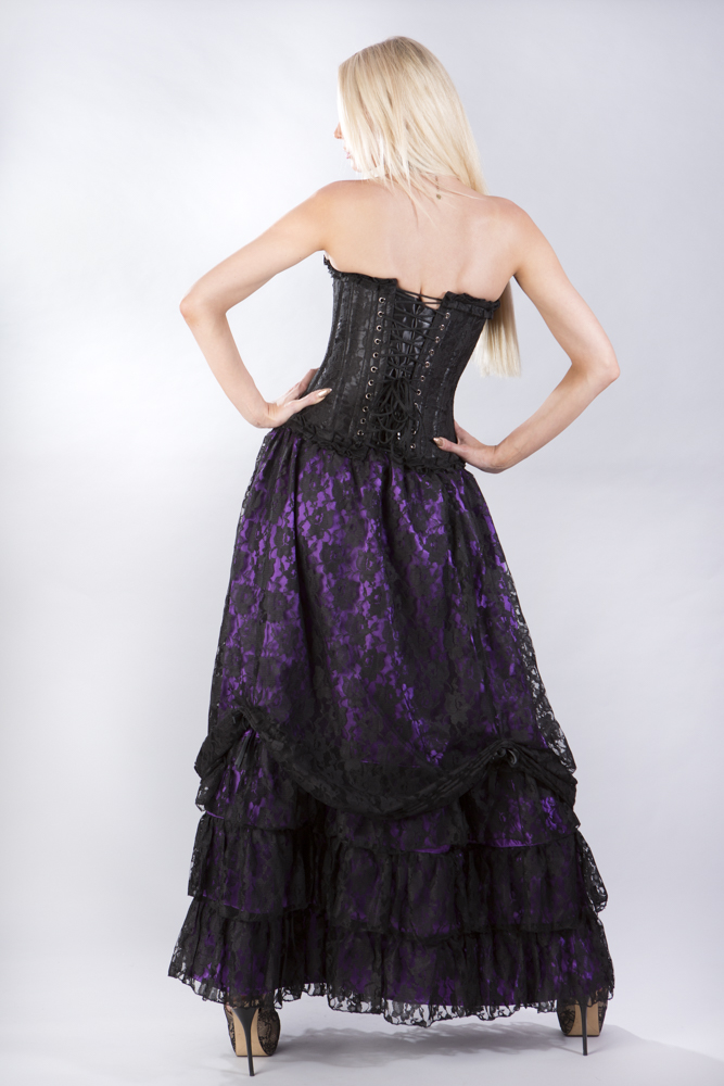 Alexandra long victorian skirt in black satin with black lace overlay | thumbnail | 