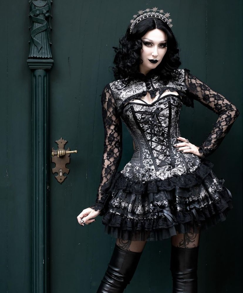 Lolita mini burlesque dress in silver king brocade  | thumbnail | 