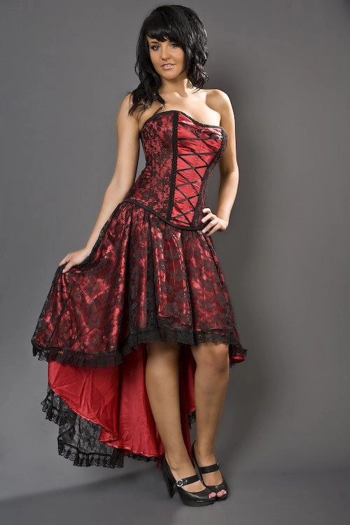 Elizium high low burlesque skirt in red satin and black lace overlay | thumbnail | 