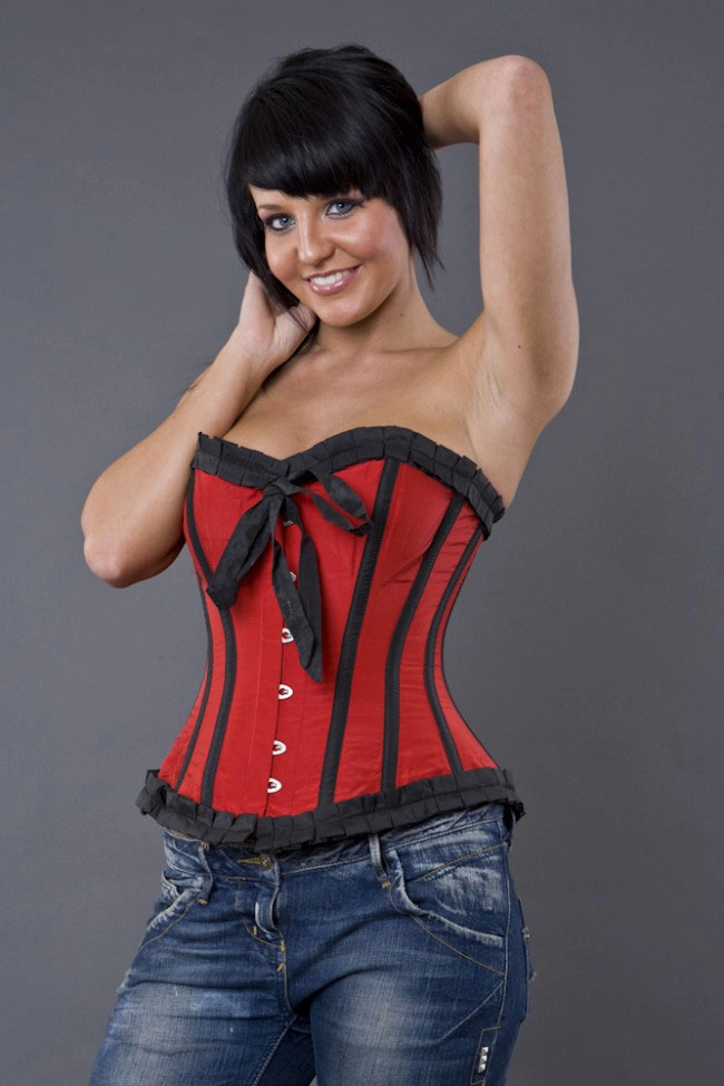 Lily overbust steel boned corset in red taffeta | thumbnail | 