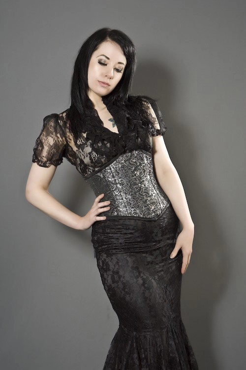 Sexy waspie waist cincher in black brocade | thumbnail | 