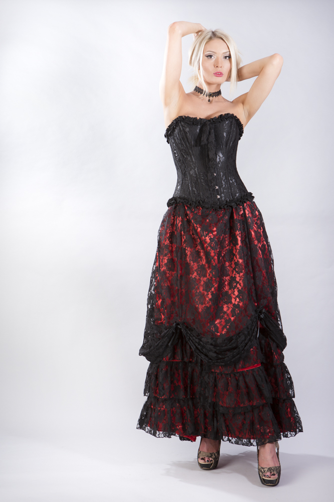Alexandra long victorian skirt in black satin with black lace overlay | thumbnail | 