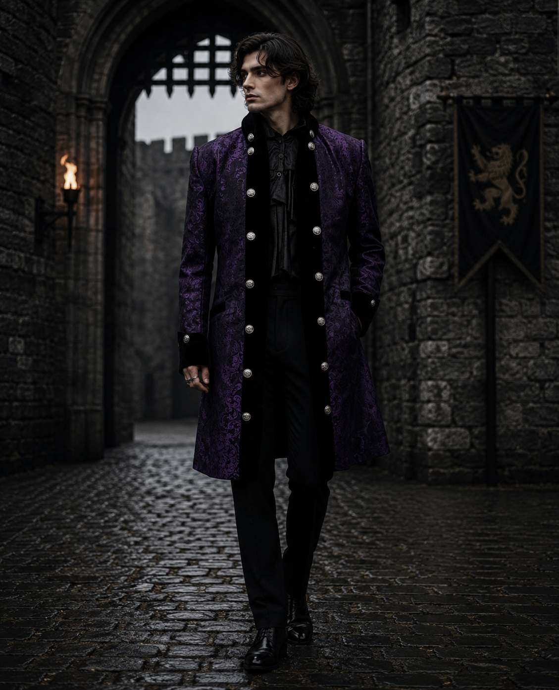Renaissance men's coat in purple king brocade | thumbnail | 