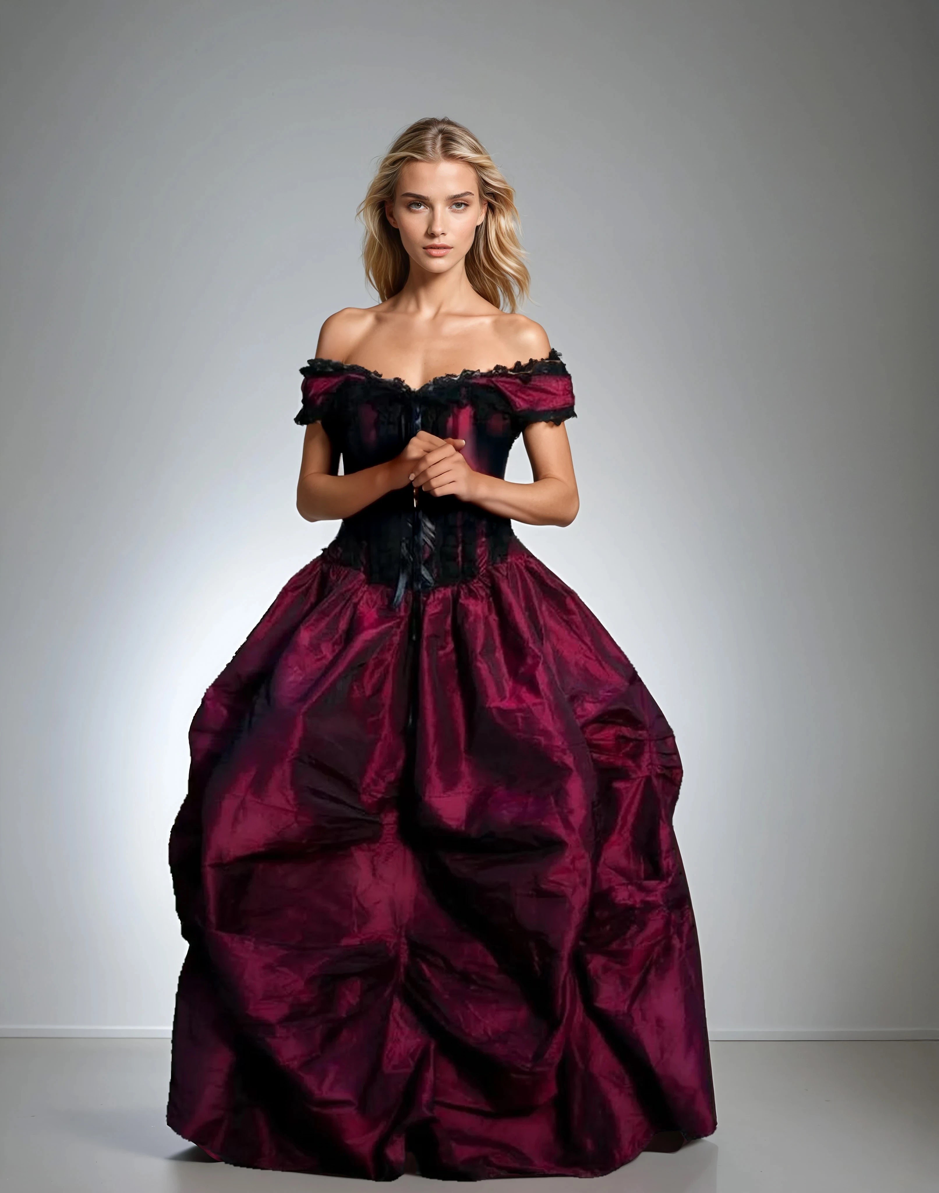 Ballgown prom dress in burgundy taffeta.