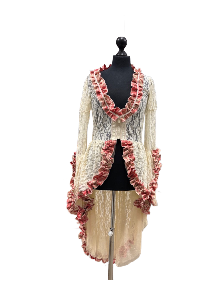 Femme zip jacket in cream lace with turquoise coral cream jacquard trim. | thumbnail | 