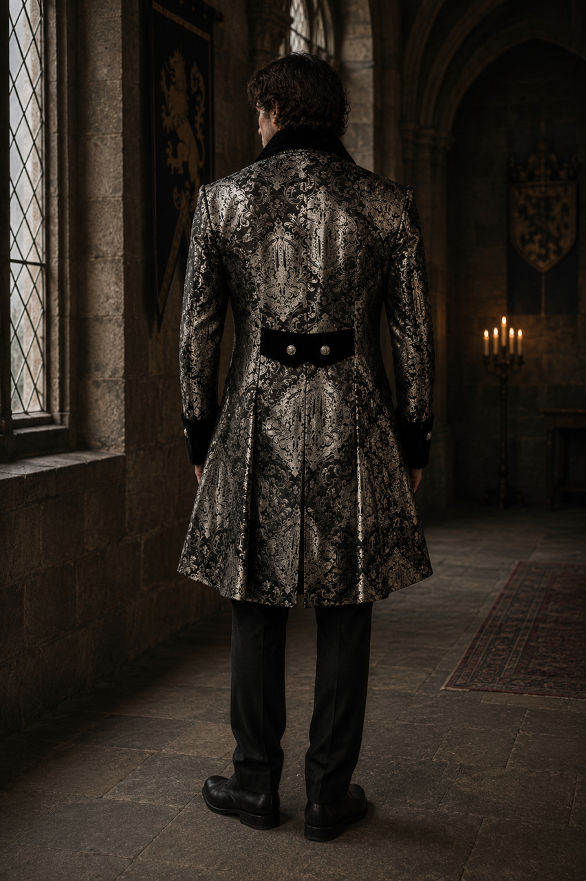 Renaissance coat in silver king broacade | thumbnail | 