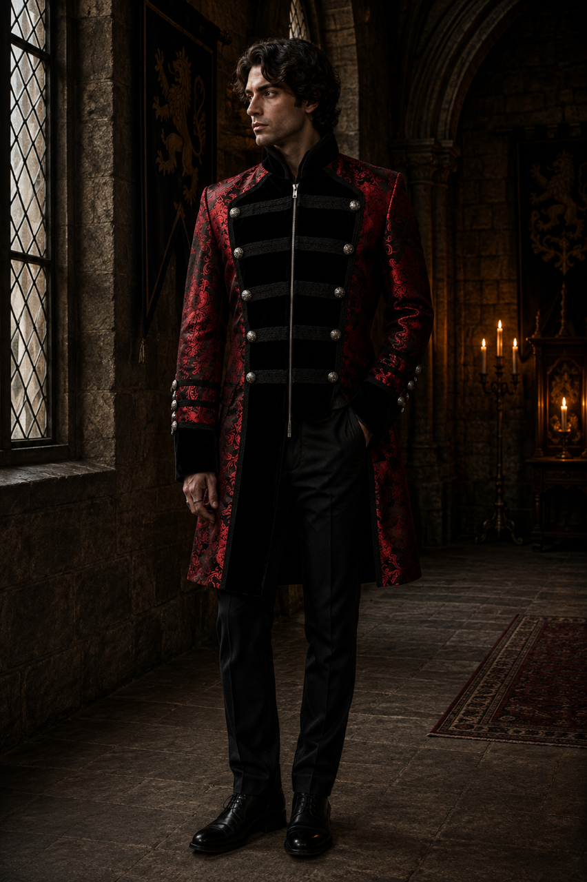 Drake men's coat in red king brocade  | thumbnail | 