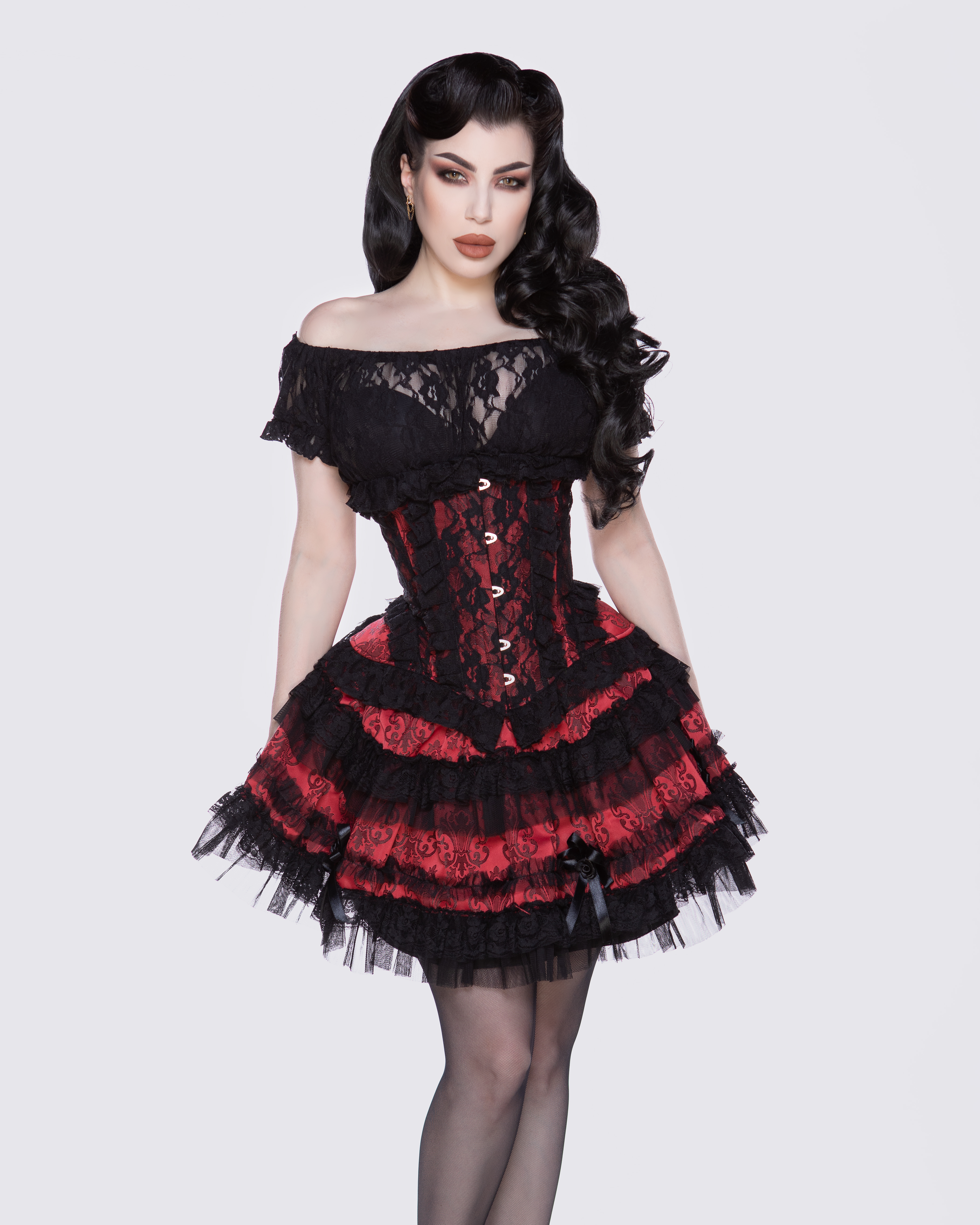 Lolita mini skirt in red fleur de Lys black lace | thumbnail | 