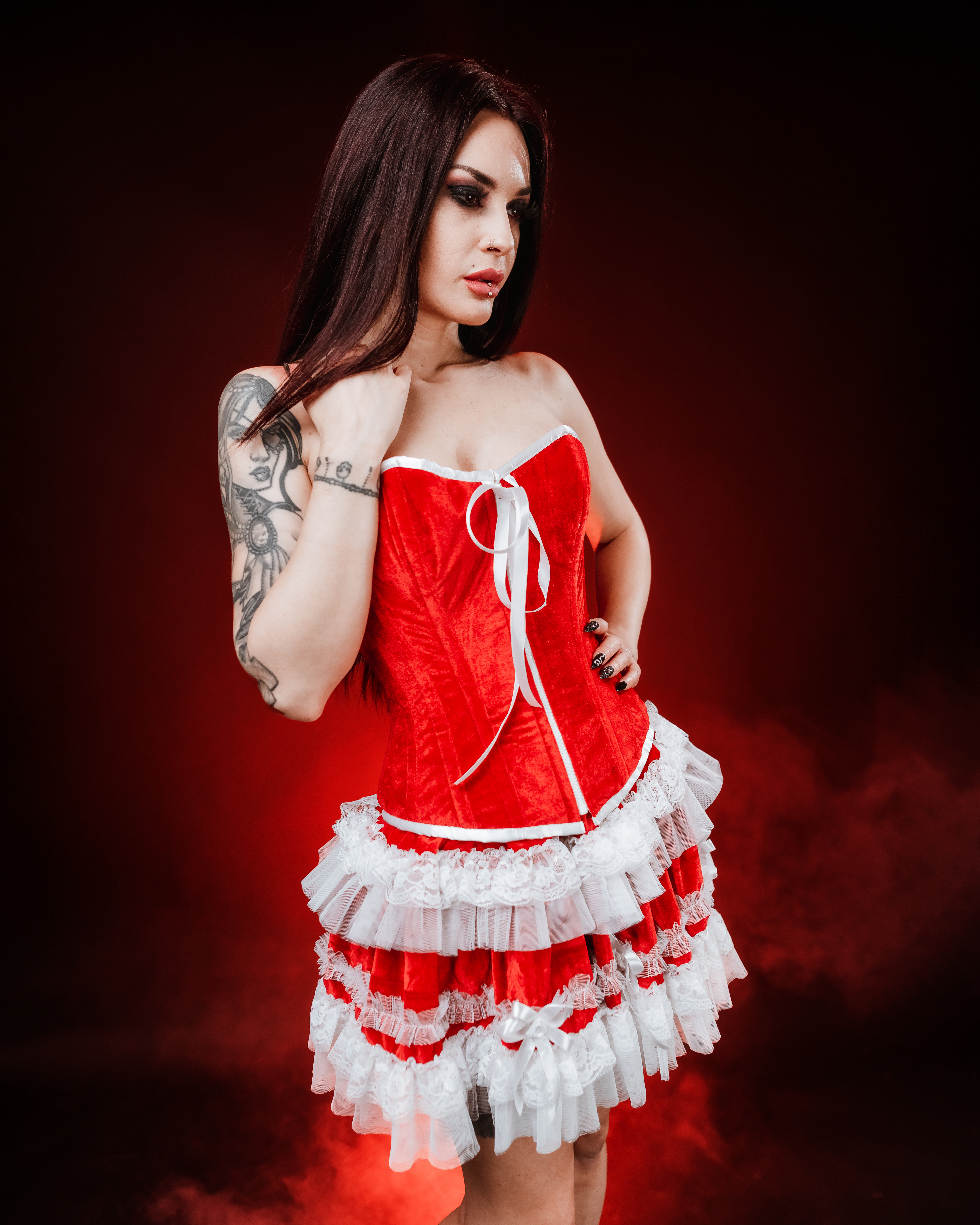 Glamour overbust red velvet white ribbon | thumbnail | 