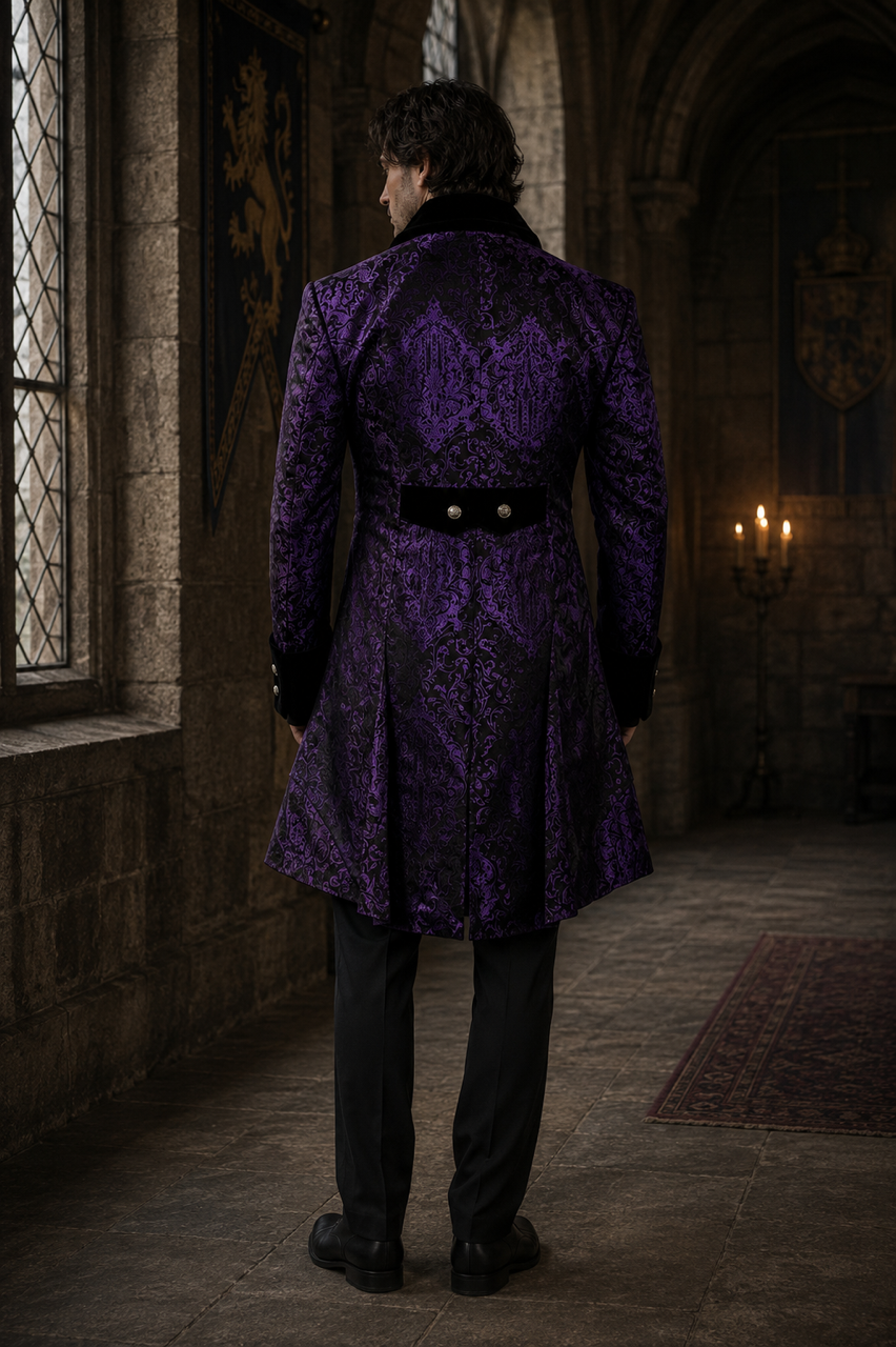 Renaissance men's coat in purple king brocade | thumbnail | 