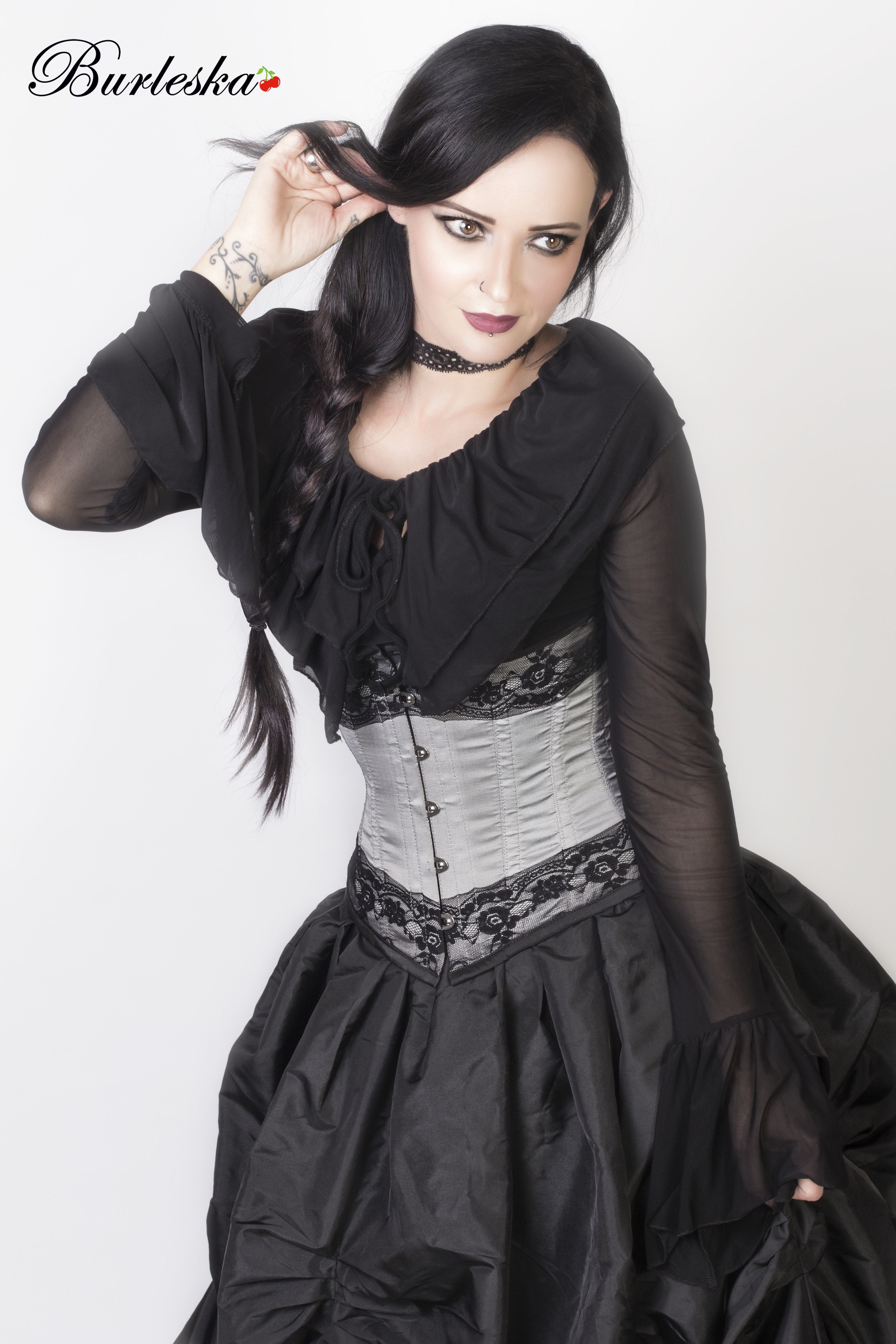 Amanda underbust steel boned corset in black taffeta with black lace details. | thumbnail | 