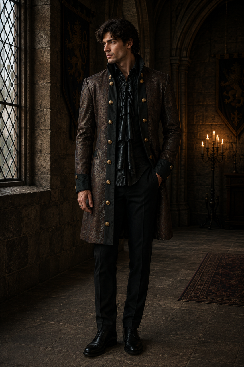Renaissance men's coat in brown king brocade  | thumbnail | 