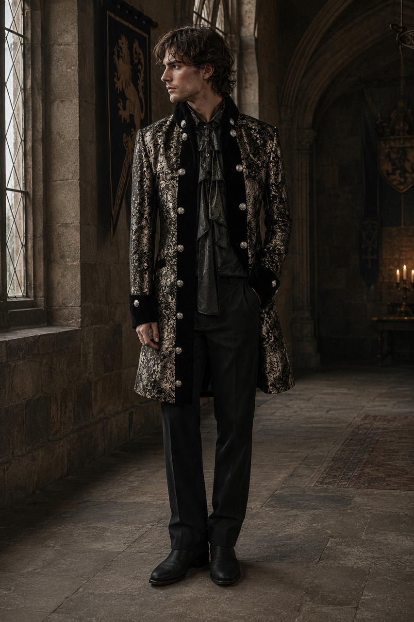Renaissance coat in silver king broacade | thumbnail | 