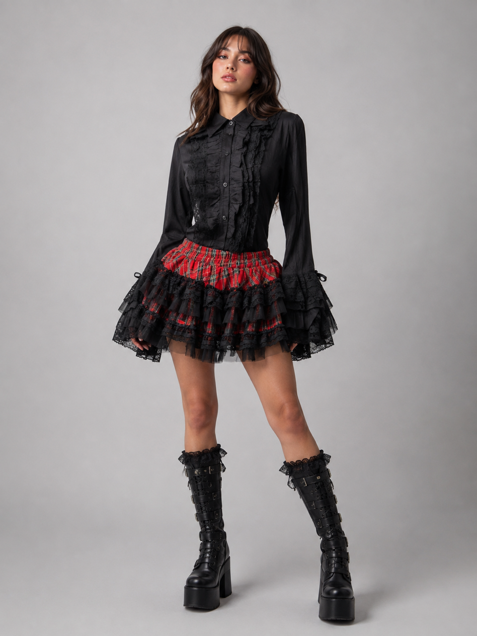 Widow long sleeve gothic shirt in black cotton | thumbnail | 