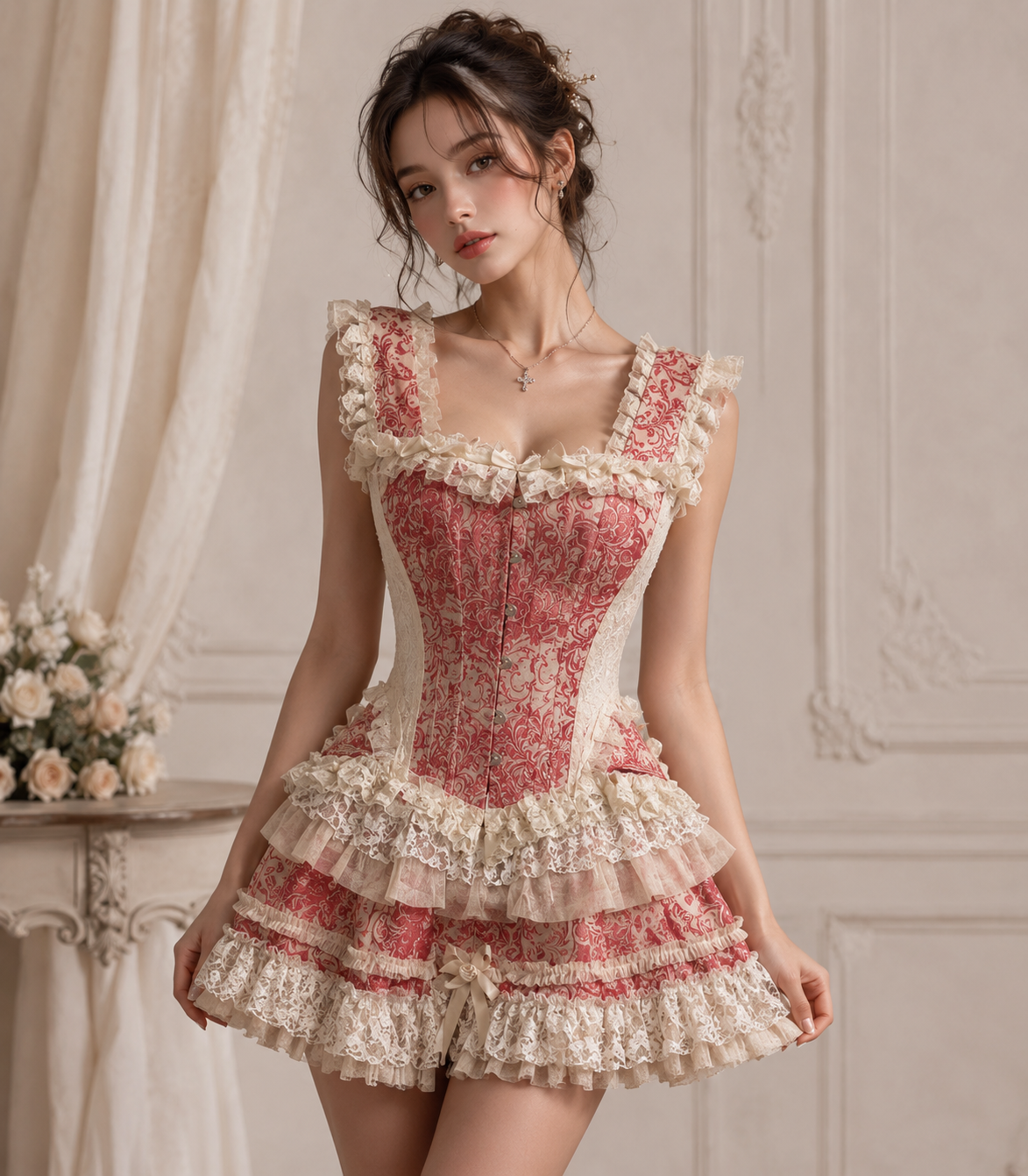 Duchess overbust corset in baby pink king brocade | thumbnail | 
