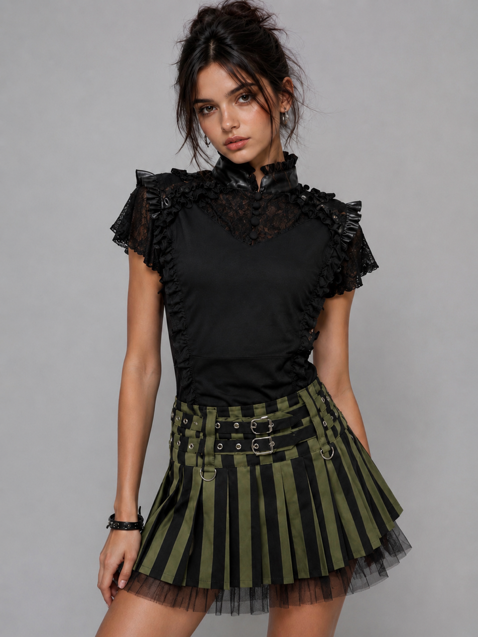Lucy mini skirt in olive black stripe cotton | thumbnail | 
