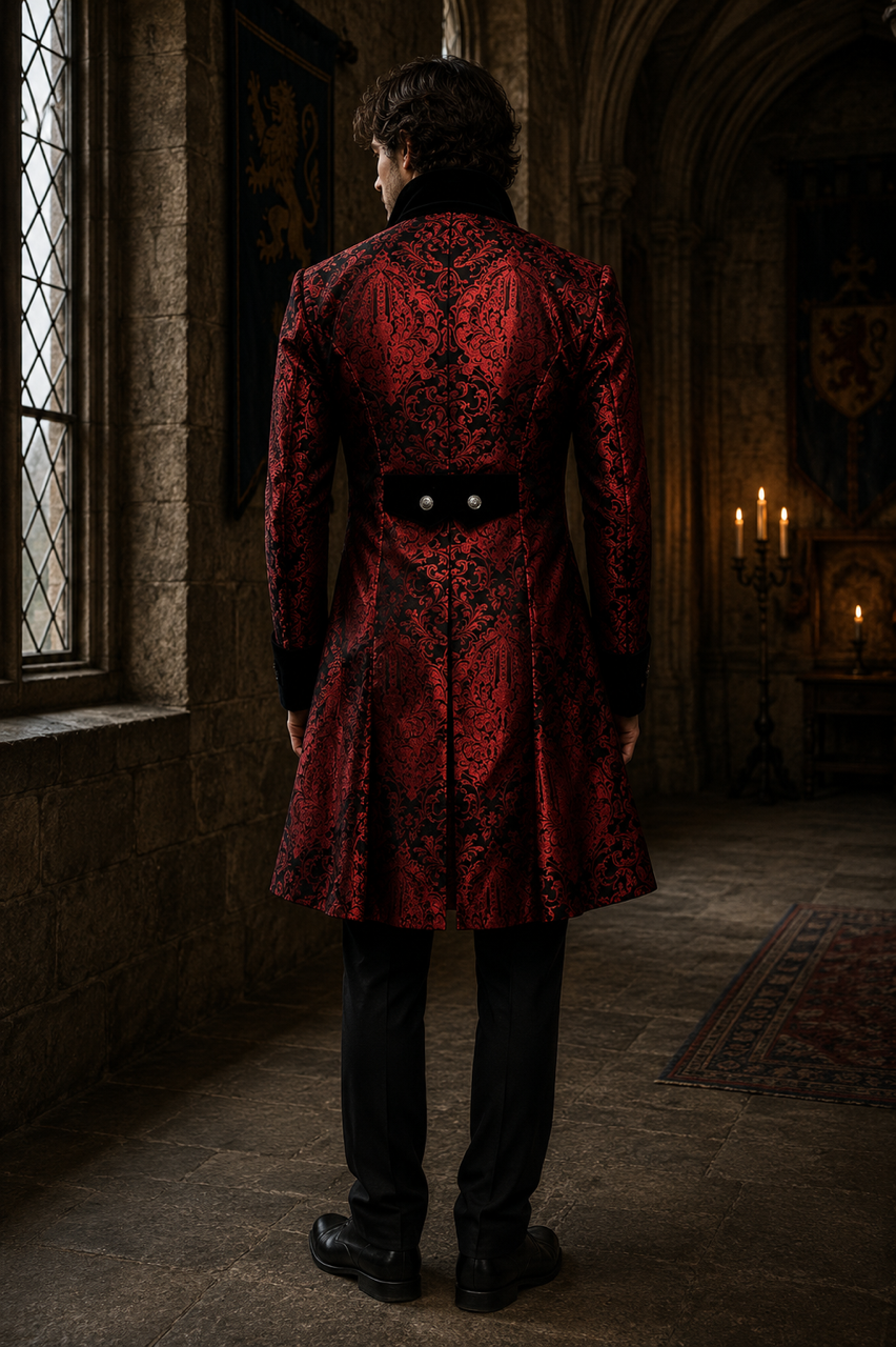 Drake men's coat in red king brocade  | thumbnail | 