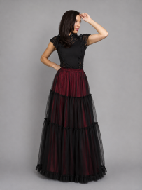 Rara long victorian goth skirt red satin & black mesh overlay | Color :Red (0)