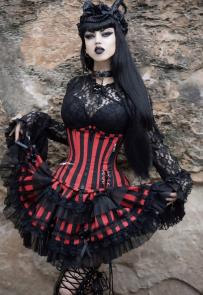 Lolita mini skirt blk red stripe black lace  | Color :black/red (0)