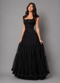 Rara long gothic skirt in black satin and black mesh overlay | Color :Black (0)