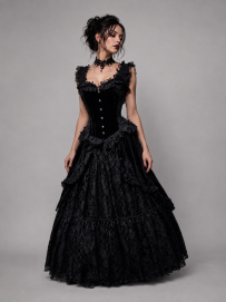 Duchess overbust corset in black velvet black lace.  | Color :Blk/Blk (0)