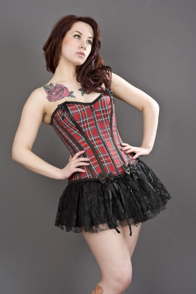 Daisy overbust burlesque corset in red tartan | thumbnail | 