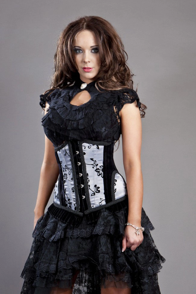 Petra long line steel boned underbust corset in black satin flock | thumbnail | 