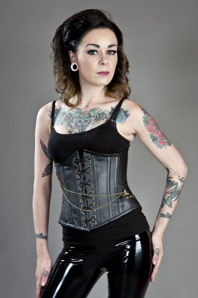 Steampunk underbust corset with pocket watch in brown matte vinyl | thumbnail | 