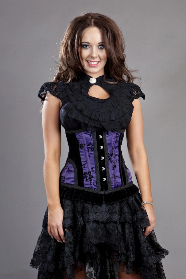 Petra long line steel boned underbust corset in black satin flock | thumbnail | 