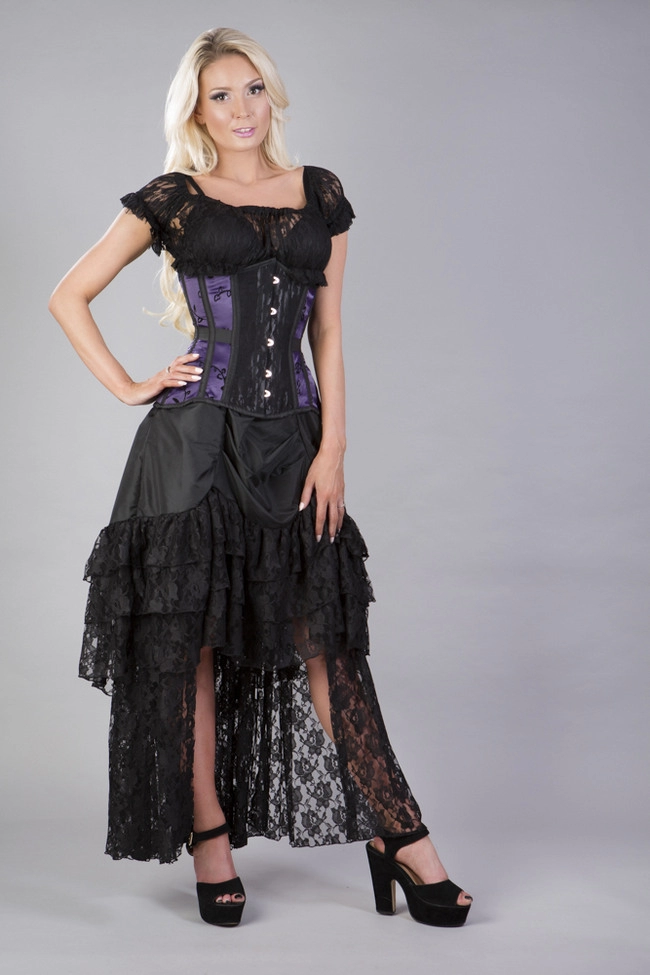 Morgana underbust steel boned corset in burgundy satin flock with black lace | thumbnail | 