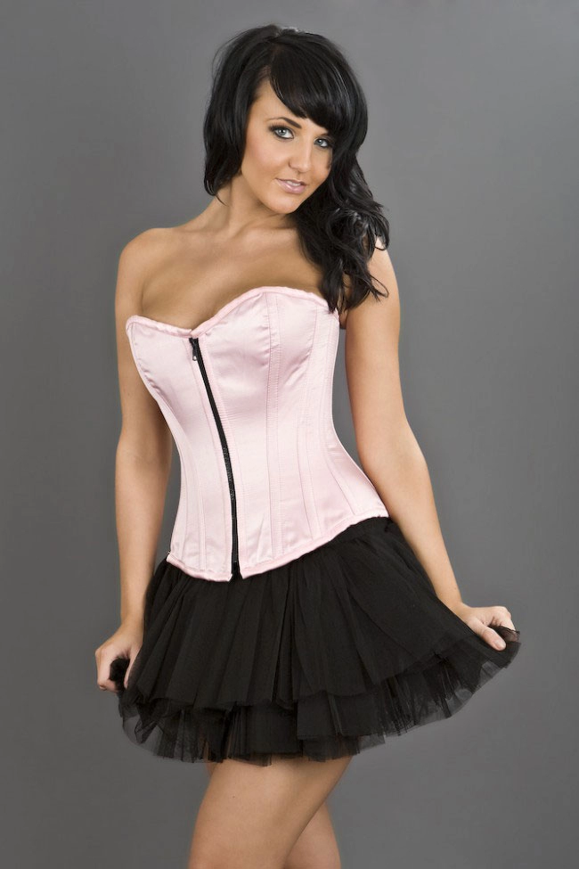 Glamour overbust corset with zipper in black satin | thumbnail | 