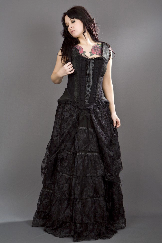 Jasmin overbust corset with straps in black scroll brocade | Color :Black (0)