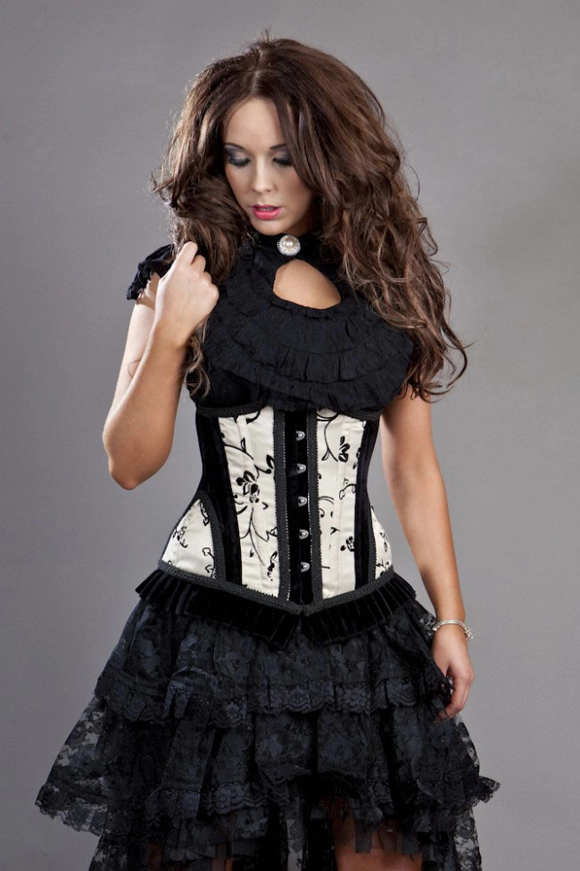 Petra long line steel boned underbust corset in black satin flock | thumbnail | 