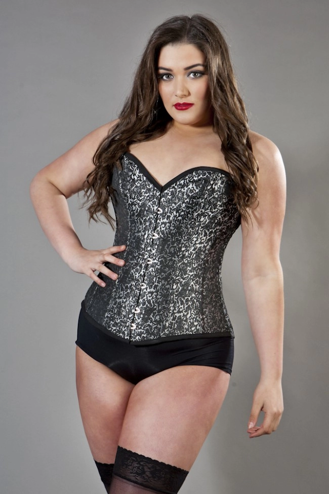 Olme Silver Black Brocade & Satin Gothic Overbust Corset