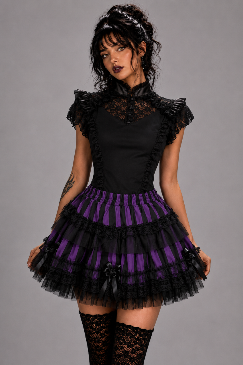 Lolita mini skirt black white stripe black lace | thumbnail | 