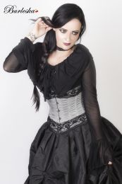Amanda underbust steel boned corset in silver taffeta with black lace details