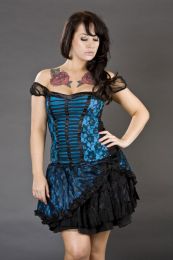 Candy flared mini skirt in turquoise satin and black lace overlay