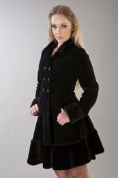 Dark women's coat in black velvet flock and black fur