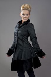Dark women's coat in black brocade and black fur