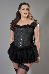 Duchess overbust plus size corset with straps in black scroll brocade
