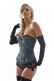 Elegant overbust steel boned corset in turquoise brocade