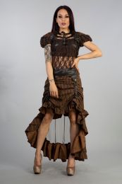 Ines steampunk bolero shrug in brown brocade and coffee matte vinyl. Gorgeous brown lace puffed short sleeves, coffee matt buckles and brass studs details will give you an amazing look.