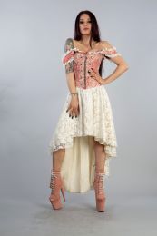 Gypsy high low victorian gothic corset dress in coral cream jacquard with cream satin lace overlay skirt, front zip and military style silver buttons.
The dress has off shoulder straps, laces and modesty panel at rear.
Perfect for special occasions.