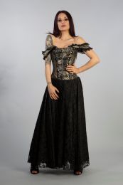 Paula victorian gothic corset dress in gold king brocade with black satin lace overlay skirt, front zip and military style silver buttons.
The dress has off shoulder straps, laces and modesty panel at rear.
Perfect for special occasions.