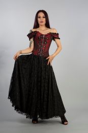 Paula victorian gothic corset dress in red king brocade with black satin lace overlay skirt, front zip and military style silver buttons. The dress has off shoulder straps, laces and modesty panel at rear. Perfect for special occasions.