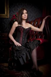 Versatile long line double steel boned overbust corset in red scroll brocade
