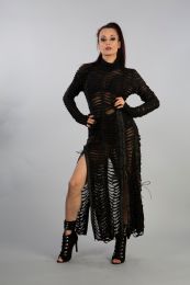 Razor long sleeve maxi dress in slashed effect black cotton and black mesh underlay. Look amazing in this slinky splits dress.