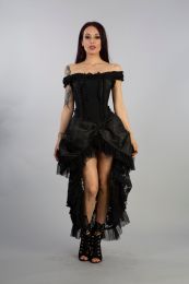 Versailles corset dress black king brocade, and black lace, with lace frills and ribbon detail. Rear lace fastening with modesty panel.