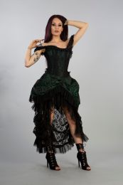 Versailles corset dress in green scroll brocade and black lace, with lace frills and ribbon detail. Rear lace fastening with modesty panel.
