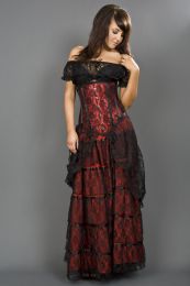 Victorian gothic maxi skirt in red cotton and black lace overlay
